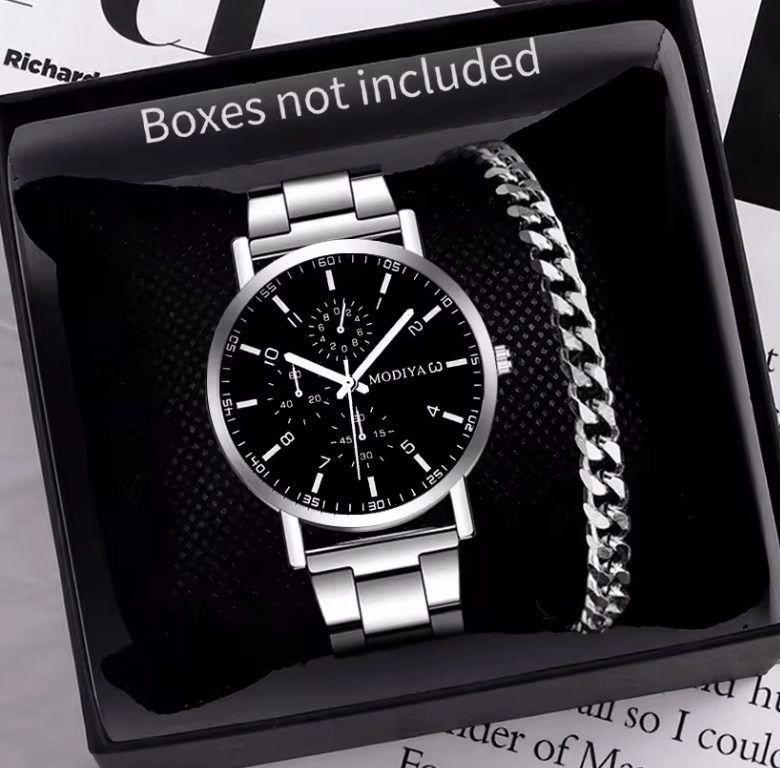 Men’s Quartz Watch & Bracelet Set – Silver Alloy Band