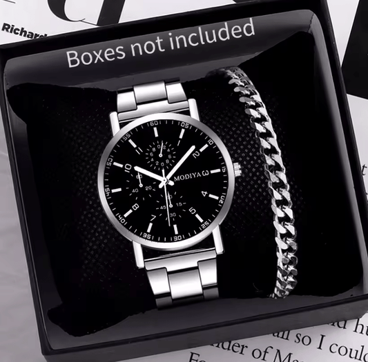 Men’s Quartz Watch & Bracelet Set – Silver Alloy Band