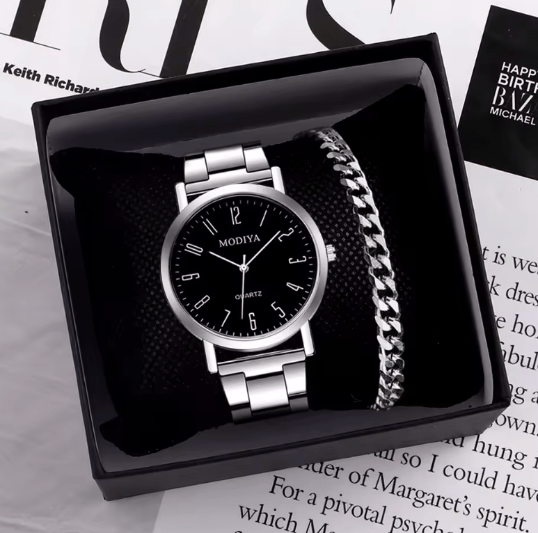 Men’s Quartz Watch & Bracelet Set – Silver Alloy Band