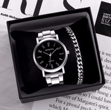 Men’s Quartz Watch & Bracelet Set – Silver Alloy Band