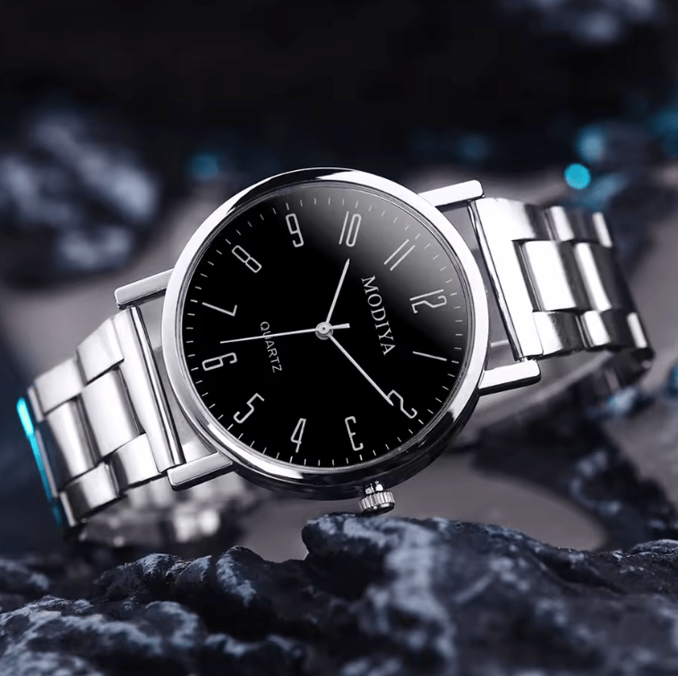 Men’s Quartz Watch & Bracelet Set – Silver Alloy Band