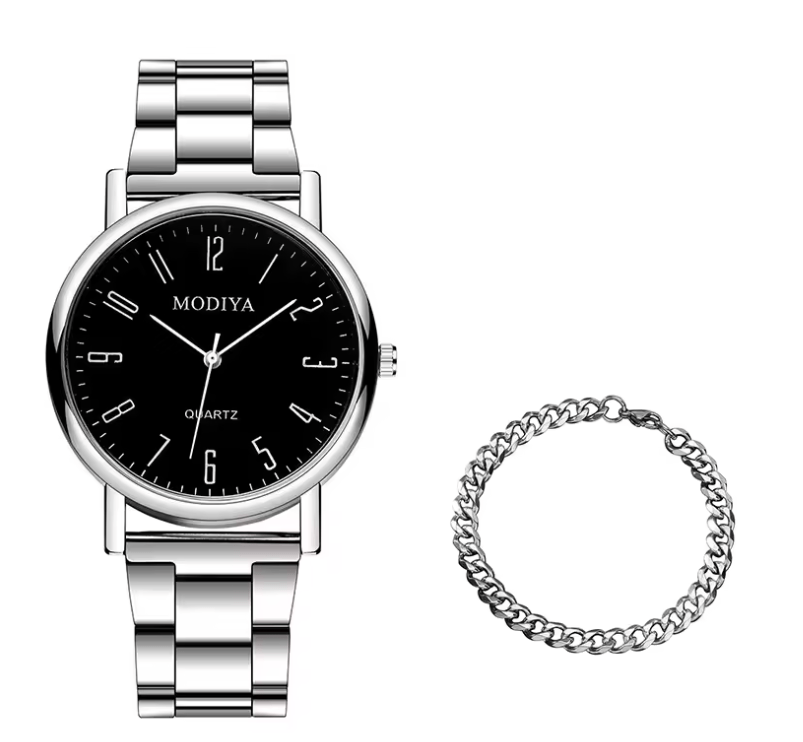 Men’s Quartz Watch & Bracelet Set – Silver Alloy Band