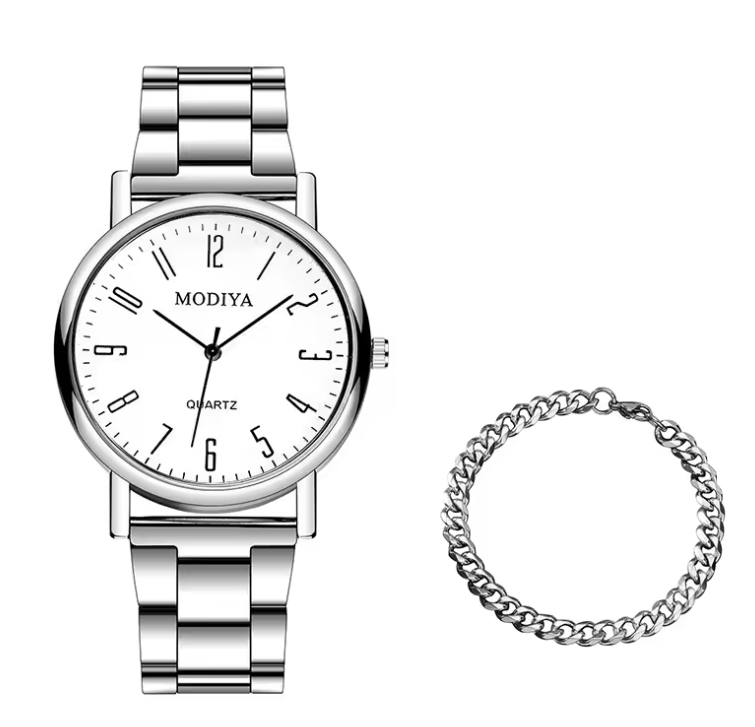 Men’s Quartz Watch & Bracelet Set – Silver Alloy Band