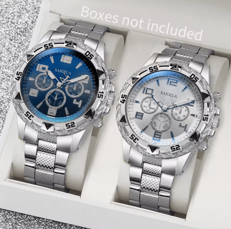Men's Quartz Watch Set with Arabic Dial, Steel Band (2pcs)