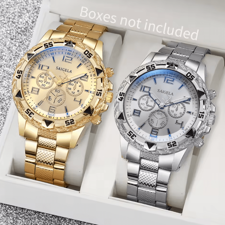 Men's Quartz Watch Set with Arabic Dial, Steel Band (2pcs)