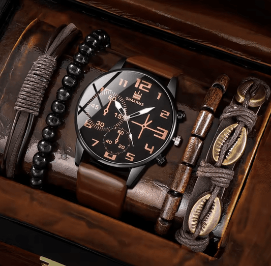 Men's 5-Piece Retro Big Dial Quartz Watch Set - Brown Leather