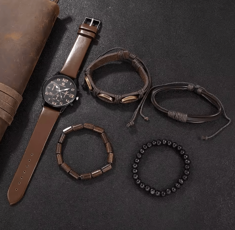 Men's 5-Piece Retro Big Dial Quartz Watch Set - Brown Leather