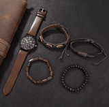 Men's 5-Piece Retro Big Dial Quartz Watch Set - Brown Leather
