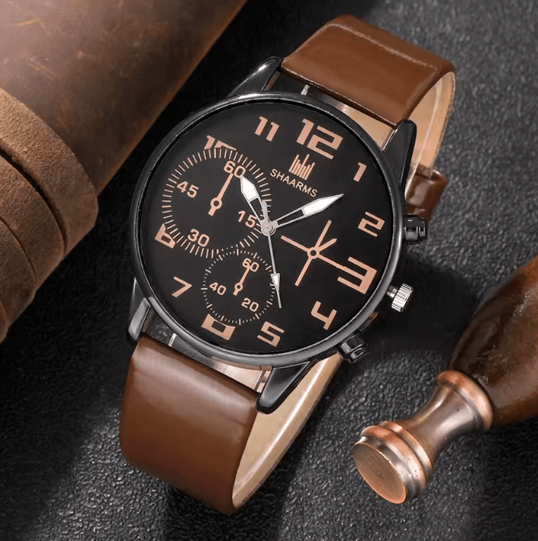 Men's 5-Piece Retro Big Dial Quartz Watch Set - Brown Leather