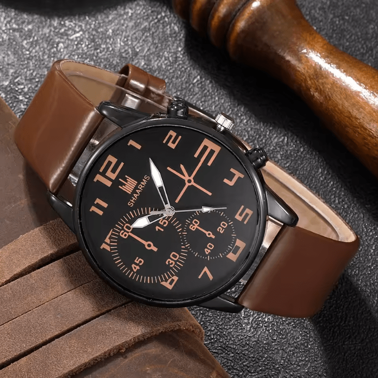 Men's 5-Piece Retro Big Dial Quartz Watch Set - Brown Leather