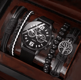 Men's 5-Piece Retro Big Dial Quartz Watch Set - Brown Leather