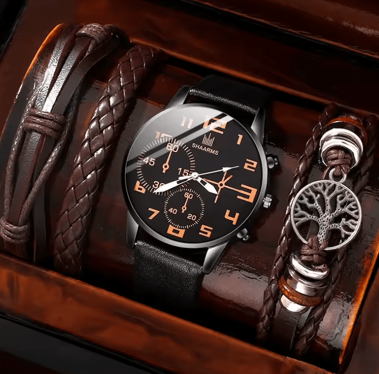Men's 5-Piece Retro Big Dial Quartz Watch Set - Brown Leather