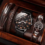 Men's 5-Piece Retro Big Dial Quartz Watch Set - Brown Leather