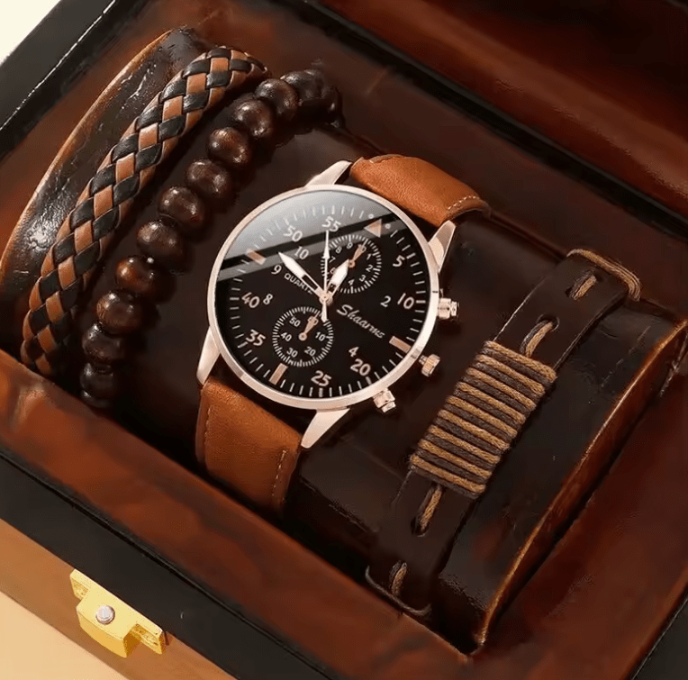 Men’s Brown Leather Quartz Watch & Bracelet Business Gift Set