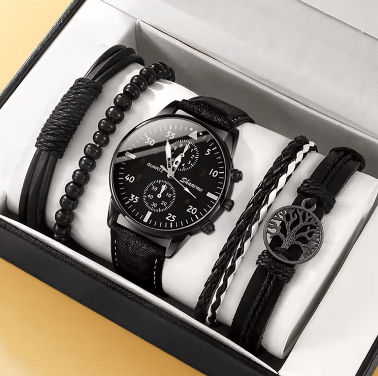 Men’s Brown Leather Quartz Watch & Bracelet Business Gift Set