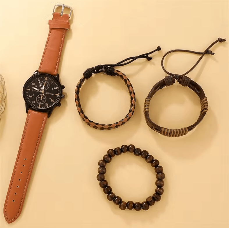 Men’s Brown Leather Quartz Watch & Bracelet Business Gift Set