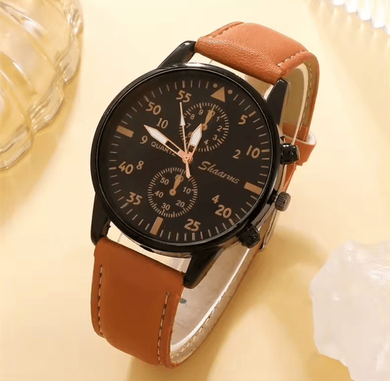 Men’s Brown Leather Quartz Watch & Bracelet Business Gift Set