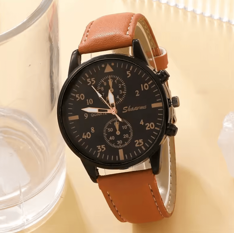 Men’s Brown Leather Quartz Watch & Bracelet Business Gift Set
