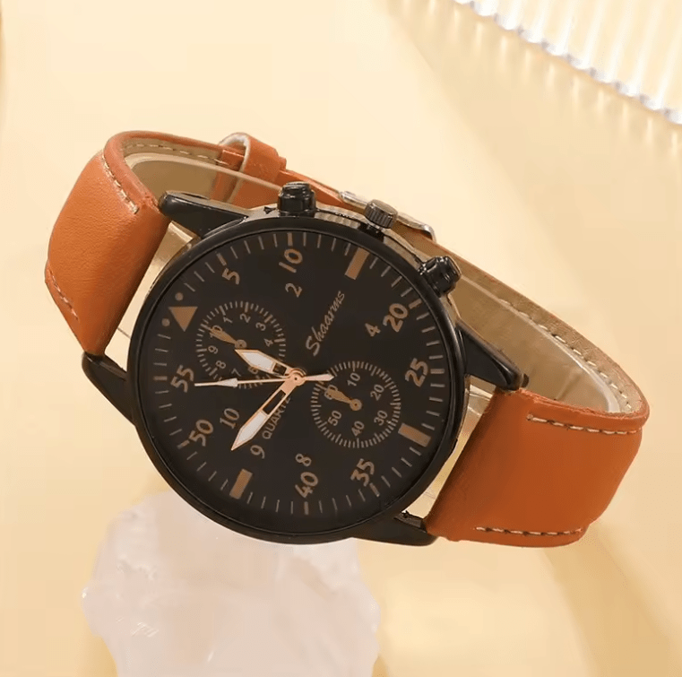 Men’s Brown Leather Quartz Watch & Bracelet Business Gift Set