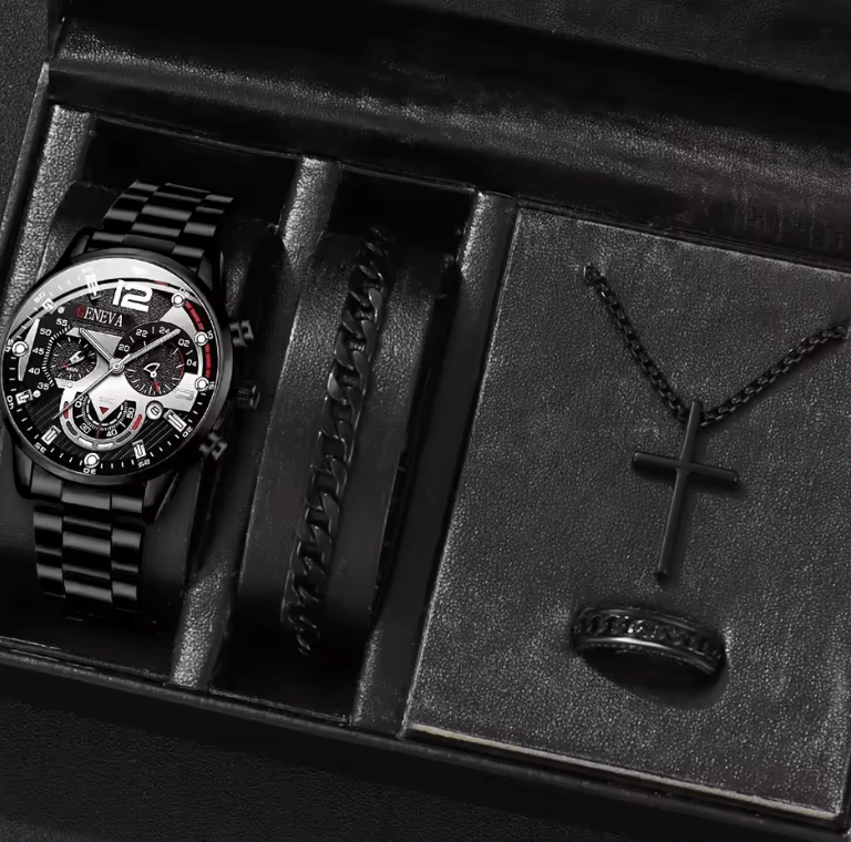 Men's Stainless Steel Quartz Watch Set with Calendar (4pcs)