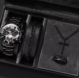 Men's Stainless Steel Quartz Watch Set with Calendar (4pcs)