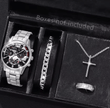 Men's Stainless Steel Quartz Watch Set with Calendar (4pcs)
