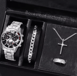 Men's Stainless Steel Quartz Watch Set with Calendar (4pcs)
