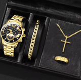 Men's Stainless Steel Quartz Watch Set with Calendar (4pcs)