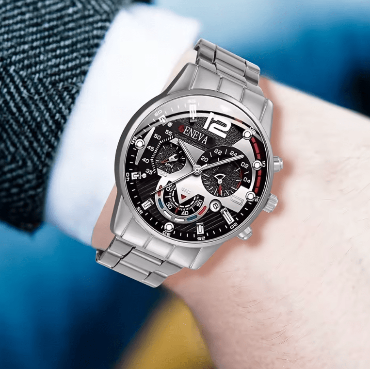 Men's Stainless Steel Quartz Watch Set with Calendar (4pcs)