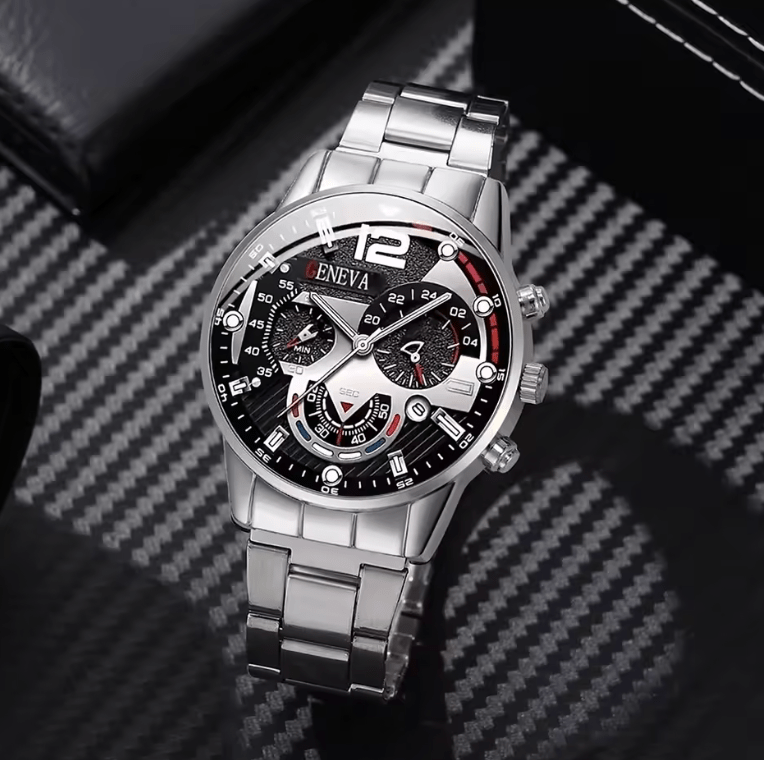 Men's Stainless Steel Quartz Watch Set with Calendar (4pcs)