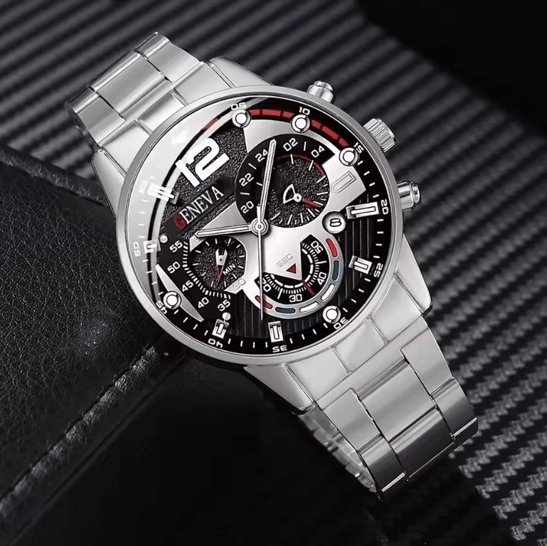 Men's Stainless Steel Quartz Watch Set with Calendar (4pcs)