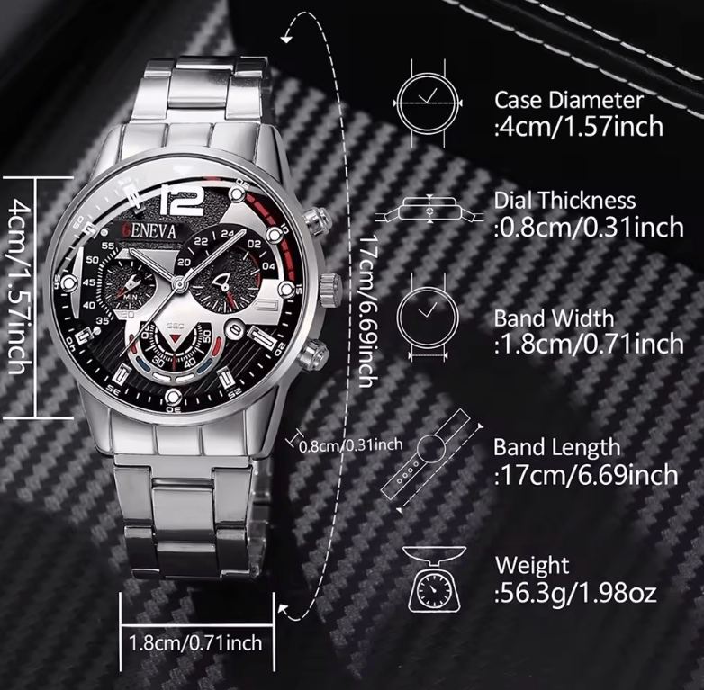 Men's Stainless Steel Quartz Watch Set with Calendar (4pcs)