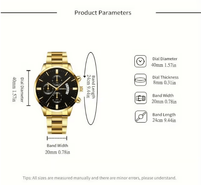 Men's Stainless Steel Quartz Watch Set with Bracelet & Chain