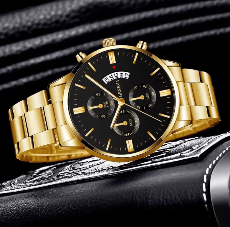 Men's Stainless Steel Quartz Watch Set with Bracelet & Chain