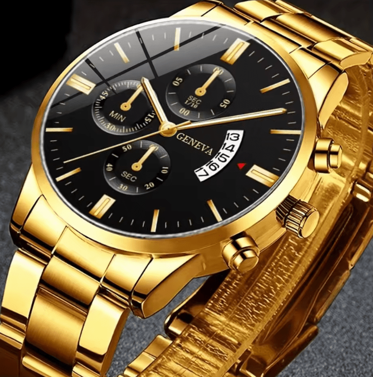 Men's Stainless Steel Quartz Watch Set with Bracelet & Chain