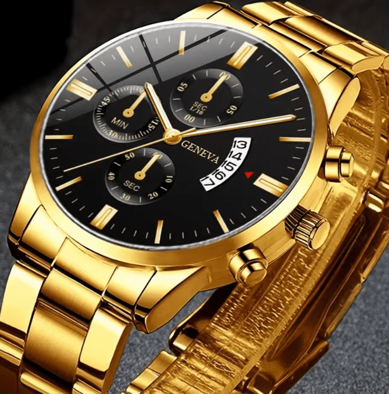 Men's Stainless Steel Quartz Watch Set with Bracelet & Chain