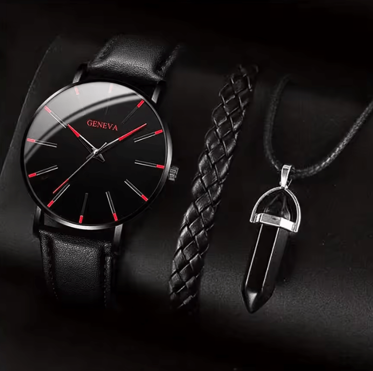 Men's Quartz Watch Set with Leather Band, Bracelet & Necklace