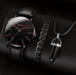 Men's Quartz Watch Set with Leather Band, Bracelet & Necklace