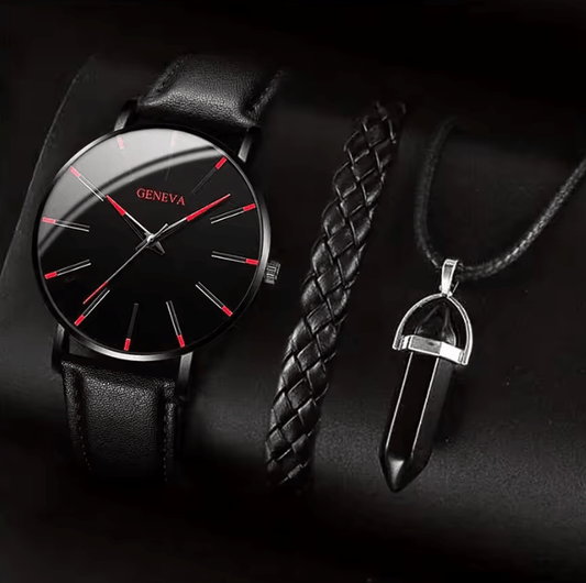 Men's Quartz Watch Set with Leather Band, Bracelet & Necklace