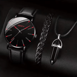 Men's Quartz Watch Set with Leather Band, Bracelet & Necklace