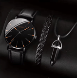 Men's Quartz Watch Set with Leather Band, Bracelet & Necklace