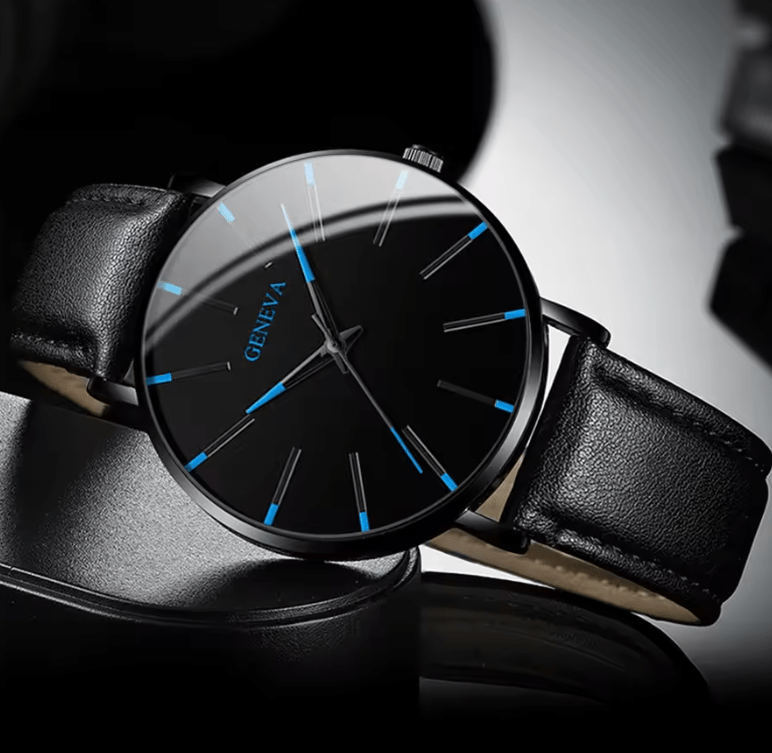 Men's Quartz Watch Set with Leather Band, Bracelet & Necklace