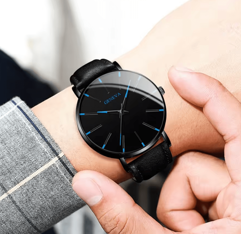 Men's Quartz Watch Set with Leather Band, Bracelet & Necklace