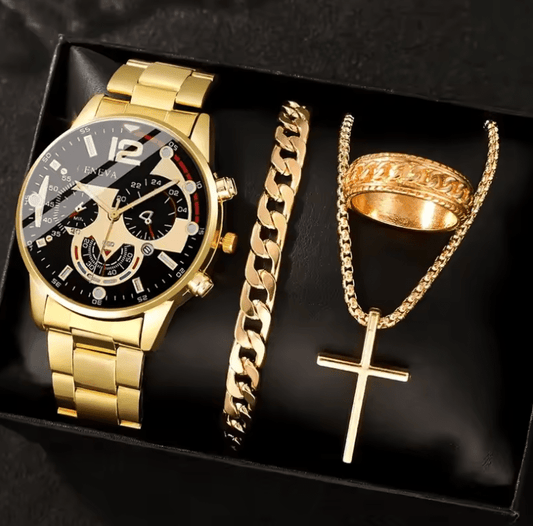 Men's Quartz Watch 4-piece Set with Bracelet, Ring & Necklace