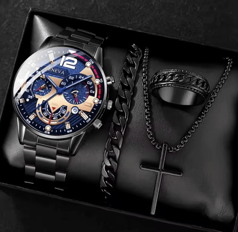 Men's Quartz Watch 4-piece Set with Bracelet, Ring & Necklace