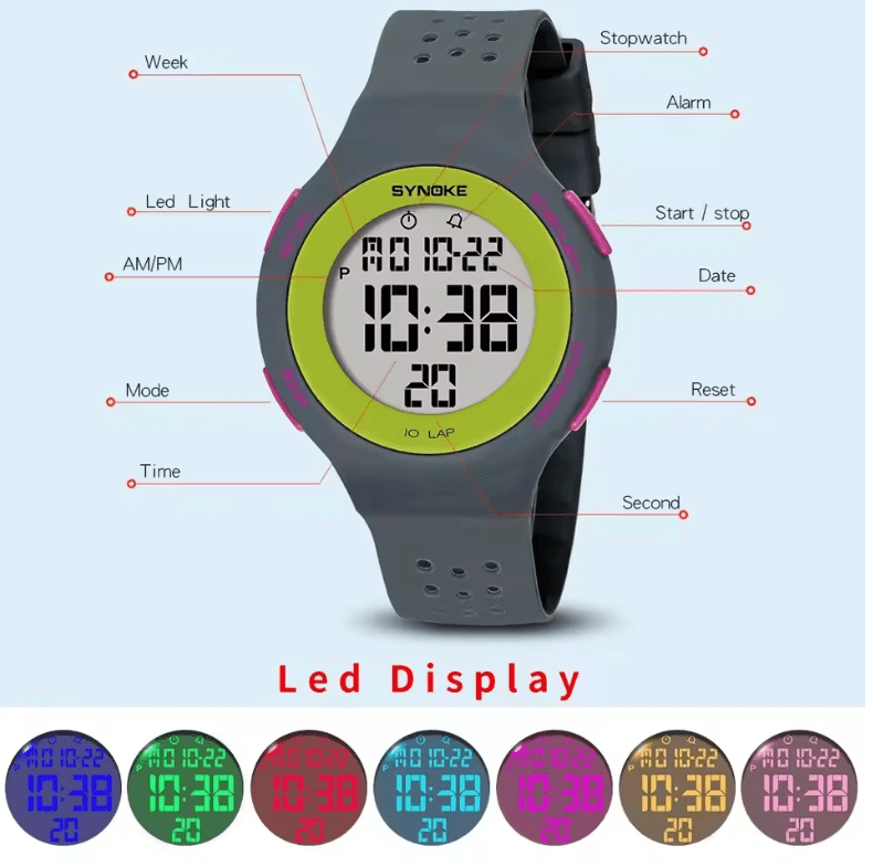 Men's Digital Sport Watch with LED, Alarm & 5 Bar