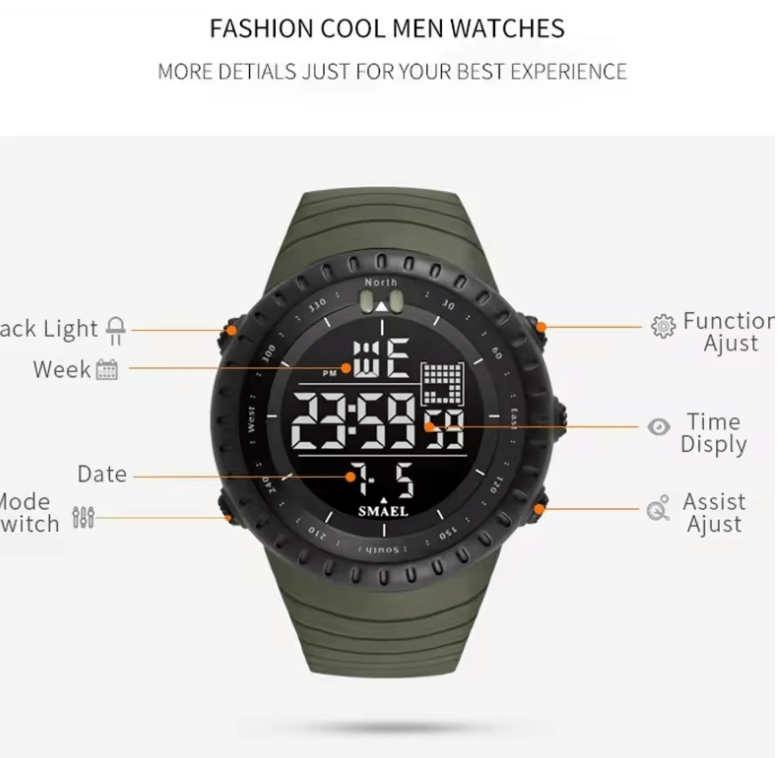 SMAEL Men's Sports Digital Watch, Big LED Dial, Alarm