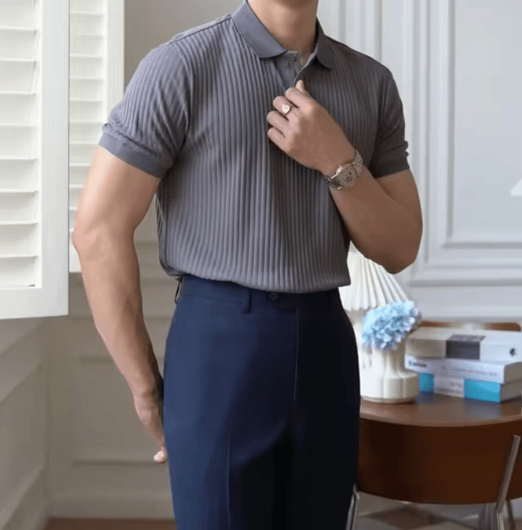 Men’s Summer Striped Short Sleeve Polo Shirt - Casual Vintage Lapel T-Shirt with Knitted Fabric