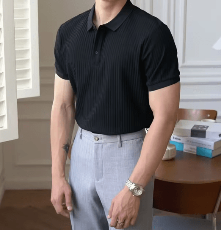 Men’s Summer Striped Short Sleeve Polo Shirt - Casual Vintage Lapel T-Shirt with Knitted Fabric