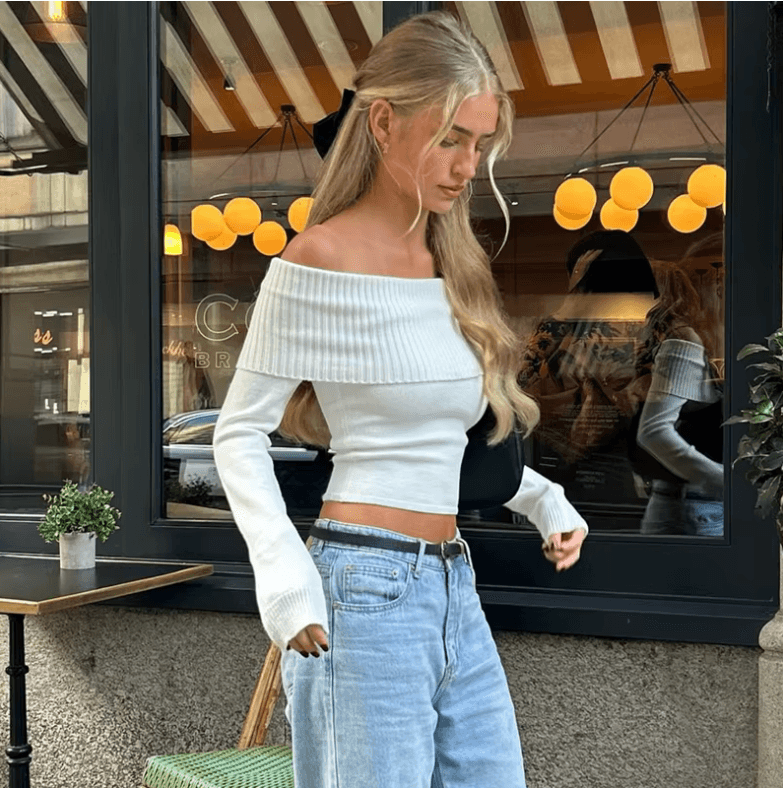 VIRA Fashion Elegant Slash-Neck Ribbed Crop Top – Off Shoulder Long Sleeve T-Shirt